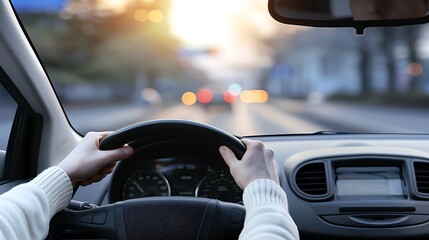 First-person perspective of driving car during sunrise, warm glare on dashboard
