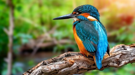 Fototapeta premium A beautiful Kingfisher bird. male of Common Kingfisher Alcedo athis sitting on a branch. back profile