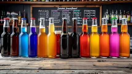 A rustic wooden bar stocked with a variety of colorful herbal beer bottles, with a chalkboard menu listing unique flavors in the background , more clarity with clear light and sharp focus , high