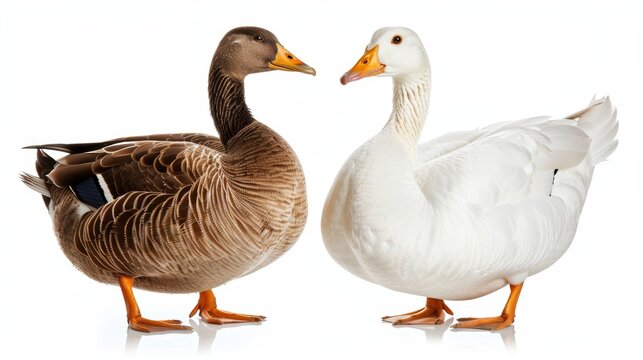 White domestic goose and duck isolated on white background