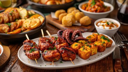 A selection of tapas, featuring small plates of Spanish delicacies like patatas bravas, croquetas, and grilled octopus