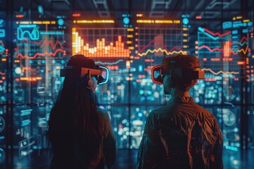 Two people in VR headsets analyzing stock market graphs and data in a high-tech room. Futuristic virtual reality stock exchange concept.