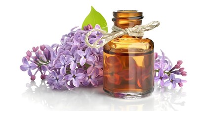 Small amber glass bottle with fresh lilac flowers, natural essence, white background