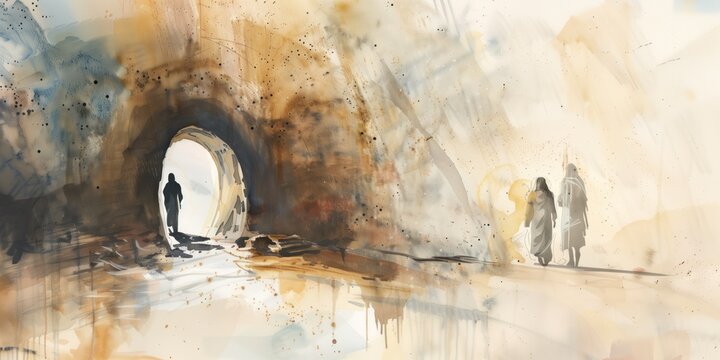 Figure walks towards right side of frame in white robe carrying bag on beige background. Minimalist watercolor painting biblical scene Resurrection of Lazarus. Man emerges from tomb.