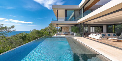 modern luxury home with a showcase patio that overlooks a stunning swimming pool and a sunny ocean view