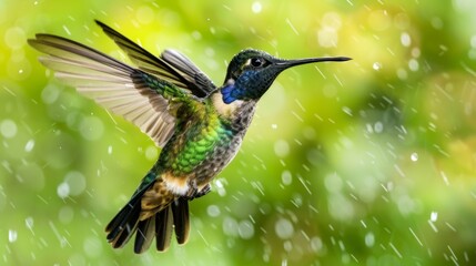 Fototapeta premium Magnificent hummingbird hovering in the rain in the cloud forest of Costa Rica
