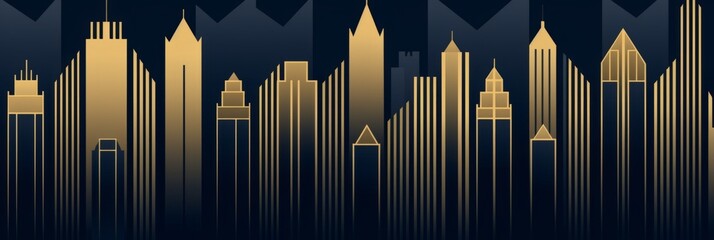 An abstract illustration of a modern city skyline with gold buildings against a dark blue background