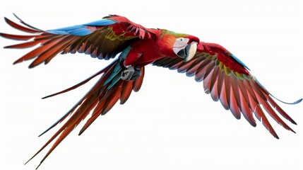 Fototapeta premium Red and green macaw flying isolated on white background