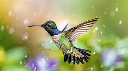 Obraz premium Magnificent hummingbird hovering in the rain in the cloud forest of Costa Rica