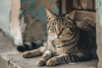 Brown tabby cat with green eyes is laying on a concrete surface