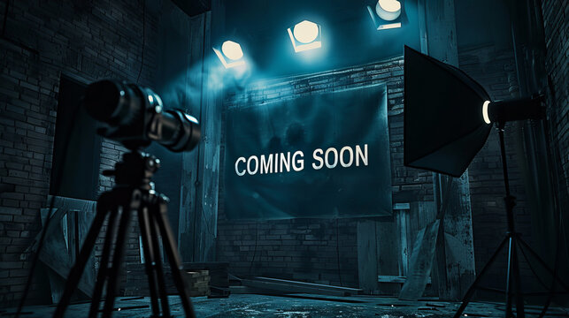 Coming Soon" message illuminated by stage lights in an industrial setting, with a camera and lighting equipment in the foreground, creating a cinematic, behind-the-scenes atmosphere