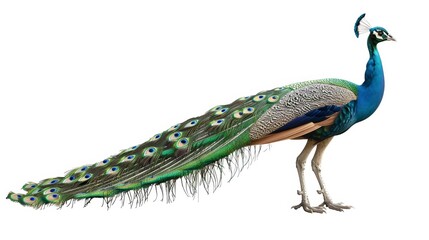 Green peacock standing isolated on white background..