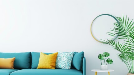 Vibrant turquoise sectional sofa with colorful, patterned cushions in a stylish living room featuring indoor plants and a sunburst mirror, creating a cozy and inviting atmosphere.