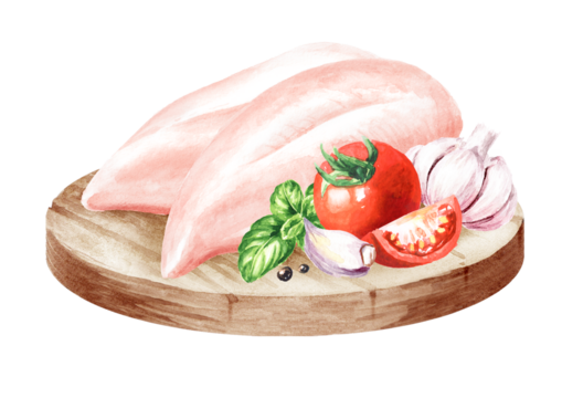 Fresh raw chicken breast fillets with vegetables and herbs, Cooking food concept. Hand drawn watercolor illustration isolated on white background
