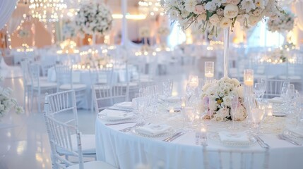 Elegant wedding reception hall with round tables set with white linens, pink and white floral centerpieces, and chandeliers. Sophisticated celebration concept.
