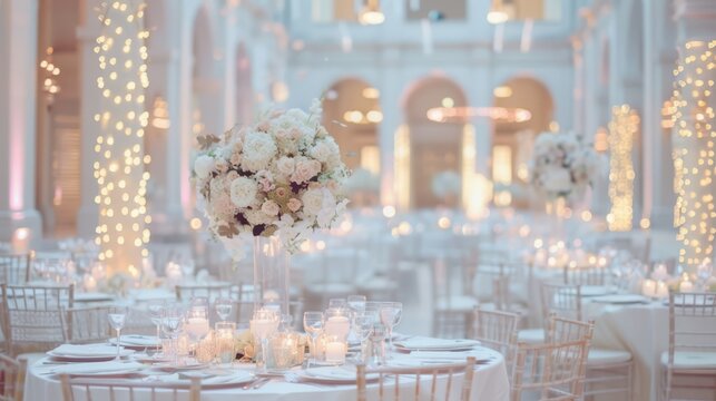 Luxurious wedding reception hall with white linens, pink and white floral centerpieces, chandeliers, and large windows. Elegant celebration concept.