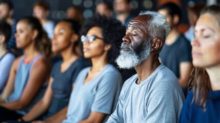 Fototapeta premium Mature students engaging in meditation and mindfulness practices, focusing on adult learning and mental wellness education
