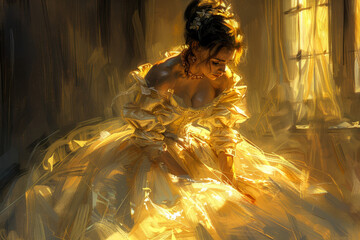 Maid in a Castle.  Generated image.  A digital illustration of an oil painting of a maid in a castle during the middle ages.