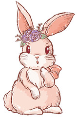 正面を向いて立つラフタッチの可愛いうさぎのイラストアイコン／花と影付き