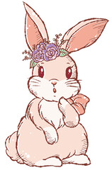 正面を向いて立つラフタッチの可愛いうさぎのイラストアイコン／花あり影なし
