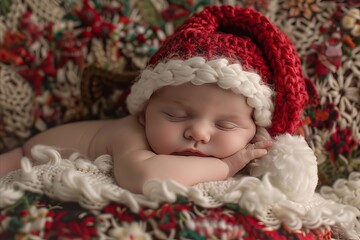 Peaceful slumber of an infant wearing a red and white Santa hat