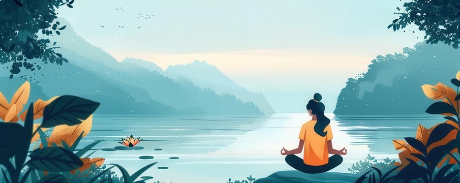 A remote worker practicing mindfulness in a serene natural setting