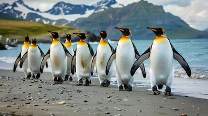 Obraz premium King penguins walking the beach at St. Andrews