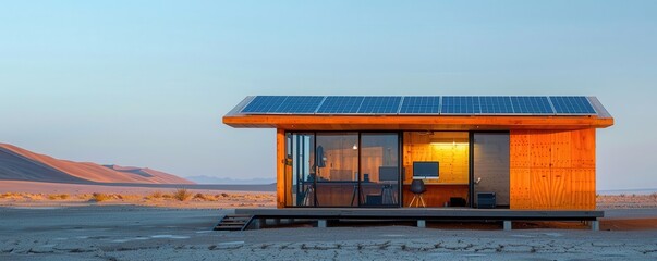 A solarpowered workstation in the middle of the desert, showcasing sustainable remote work