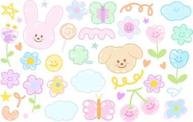 Doodle illustration of bunny, puppy, butterfly, flower, clover leaf, cloud, cherry, candy, star for cartoon character, cute patches, shirt print, plush toy, brooch, kid doll, animal, pet shop, vet, ad