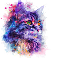 Watercolor painting of a cat with splash paint effect