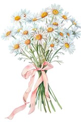 Fototapeta premium A bouquet of daisies tied with a pink ribbon, illustrated with delicate lines and soft colors. The image exudes a sense of freshness and simplicity