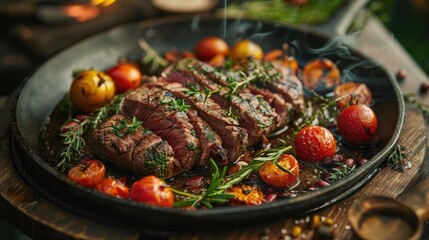 Grilled steak with roasted tomatoes and herbs in a skillet. The dish appears appetizing with a smoky aroma, perfect for a gourmet meal