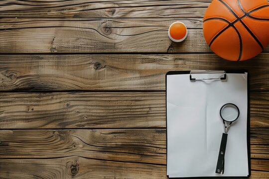 Basketball strategy planning with clipboard and magnifying glass
