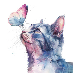 A cat with a butterfly perched on its nose watercolor