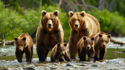 Group of Alaskan brown bears fishing in river