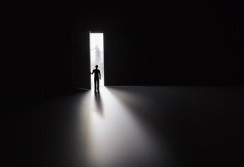 A believer opens a door in the dark and encounters Jesus Christ standing in the bright light,...