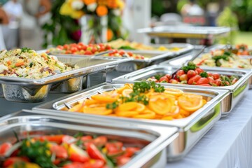 Obraz premium Rows of chafing trays offering a variety of fresh food for guests attending an outdoor party