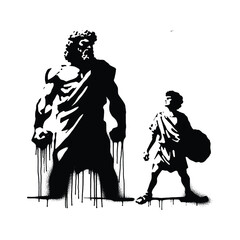 David and Goliath, Show David with stones in hand unwavering resolve facing the towering Goliath, in flat illustration