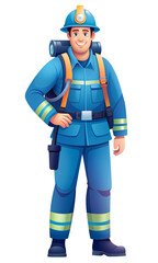 Firefighter in full gear with helmet and hose smiling while standing