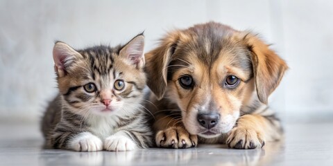 Kitty and puppy together. Cute, calm and sad