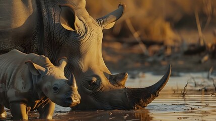 Fototapeta premium Mother and baby rhino getting ready to drink