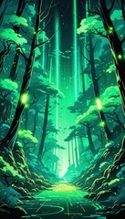 Obraz premium A mesmerizing forest at night illuminated by vibrant green lights cascading from the sky. The serene scene features towering trees, a reflective river, and a starry night sky. Anime art style