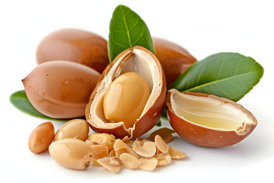 Fresh Argan Nuts with Green Leaves on White Background