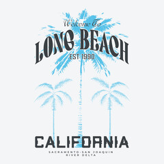 Obraz premium Long beach, summer vibes hand draw, summer beach slogan with beach illustration, Hawaii, Aloha surf typography for t-shirt print , beach vector print,