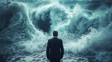 Obraz premium A man standing alone in front of a giant wave.