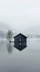 Fototapeta premium Small wooden house on a lake surrounded by mountains and trees