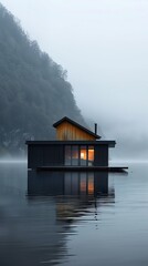 Fototapeta premium Modern floating house on a calm lake surrounded by mountains and trees