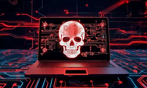 A computer screen with a skull on it. The skull is surrounded by red and blue lines. Concept of danger and fear