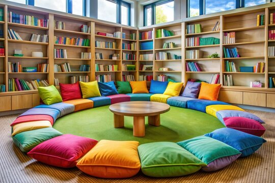 Cozy library atmosphere with colorful books and a circular seating arrangement, rug, and pillows, evoking a sense of excitement for an upcoming storytime session.