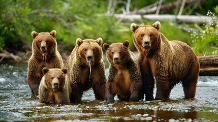Obraz premium Group of Alaskan brown bears fishing in river